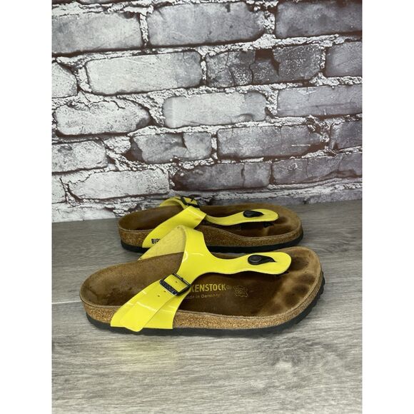 Birkenstock Gizeh Yellow Patent Leather Cork Slide Sandals Women Sz 37EU/6.5M US - Picture 5 of 16